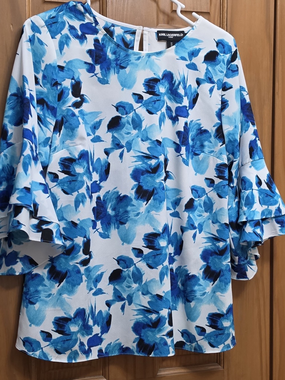 Karl Lagerfeld White Top with Blue Floral Print and Ruffle Sleeves